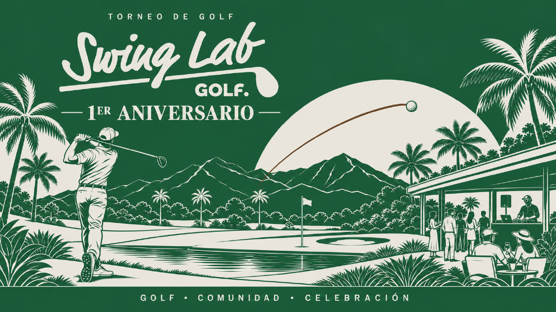 Ilustración oficial del primer aniversario Swing Lab: golf, palmeras y comunidad